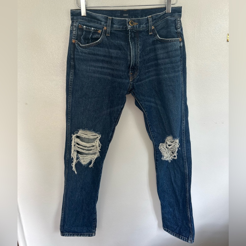 NWOT Khaite Dark Wash Distressed Straight Leg Jeans Size 27